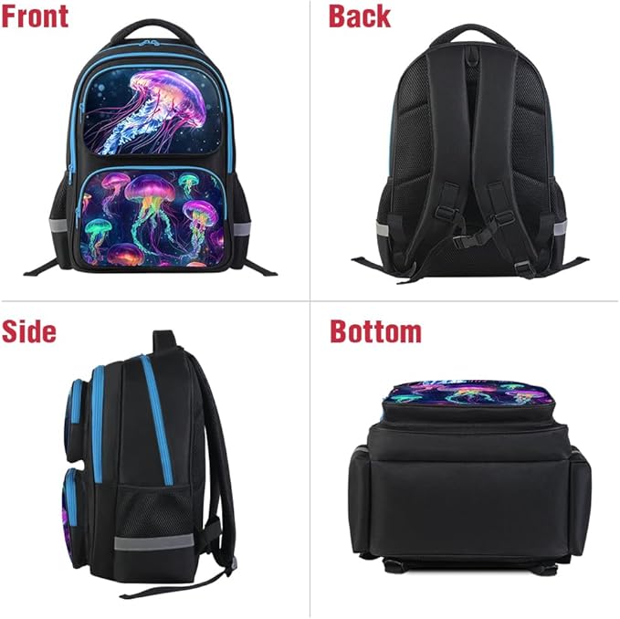 HiMagics School Backpack For Boys Girls Backpack For Kids Toddler Teens Elementary Middle School 17 inch Boys Backpacks Ages 6-18 Travel Book bag with Chest Strap Jellyfish Pattern