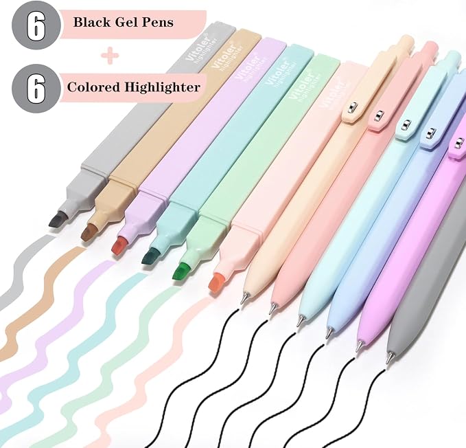 Vitoler Aesthetic Highlighters & Black Gel Pens 12 Pack,No Bleed | Fast Drying Pens for Teacher Nurse Bible Journaling Planner Mothers Day Gifts