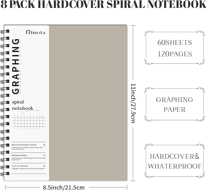Graph Paper Notebook Spiral Notebook 8.5" x 11"-8 Pack Grid Paper Notebook Engineering notebook 120 Pages 100 GSM Thick Graphing Paper Notebook Hardcover Journal for School (GRAPH, Mult-color)