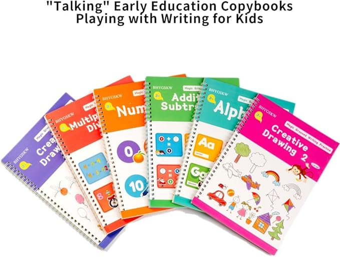 Magic Grooved Writing Practice Books for Kids with Disappearing Ink Pens Grips, Reusable Handwriting Workbooks 6 Pcs, Letter Tracing Copybook for Kindergarten Ages 3-8