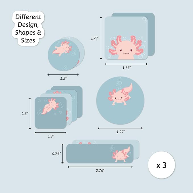 Camp Name Labels for Kids (33) – Custom Waterproof Stickers for Water Bottles, Lunch Boxes, Daycare & School with Unique Designs - Axolotl