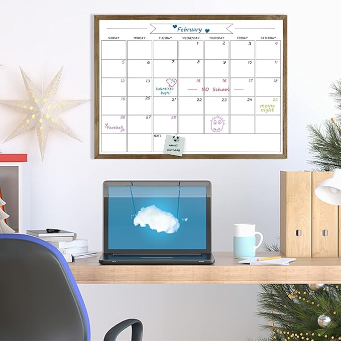 Dry Erase Monthly Calendar Whiteboard for Wall, Large Solid Pine Wood Rustic Brown Frame Magnetic Surface Whiteboard for Wall，23.6"x 31.5"(YLBB-B-RB-6080)