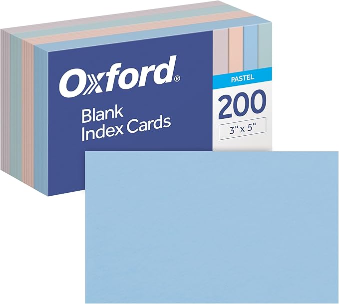 Oxford Blank Index Cards, Blank Note Cards, Flashcards for School, 4 Assorted Pastel Colors: Gray, Peach, Light Blue and Light Green, 3 Inch x 5 Inch, 200 Cards Per Pack (1017487)