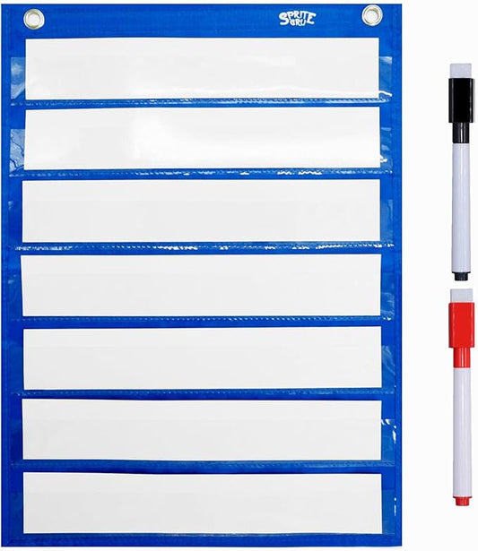Magnetic Pocket Chart with 10 Dry Erase Cards for Standards,Daily Schedule,Activities,Class demonstrations (Blue)