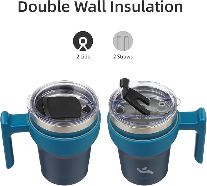 Konokyo 10 oz Tumbler with Handle and 2 Straw 2 Lid, Insulated Water Bottle Stainless Steel Vacuum Cup Reusable Travel Mug,Indigo Black