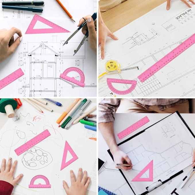 Plastic Clear Ruler Math Set, 6" | 12" Straight Ruler Protractor, 2 Protractors 180 Degree 2 Triangle Rulers 45 | 60 Degree 2 Straight Rulers Measuring Tool for School Office Home Supplie,Pink