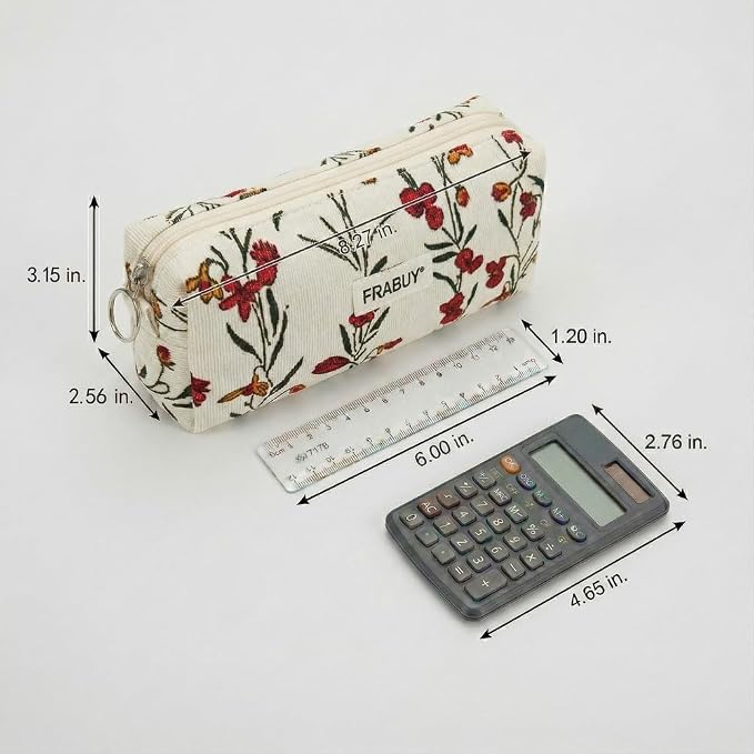 Soft Corduroy Pencil Case Pen Pouch Organizer, Small Stationery Bag | Cute begie wind flower pencil pouch, smooth zipper, daily cosmetics holder, compact organizer for school teen girls, women