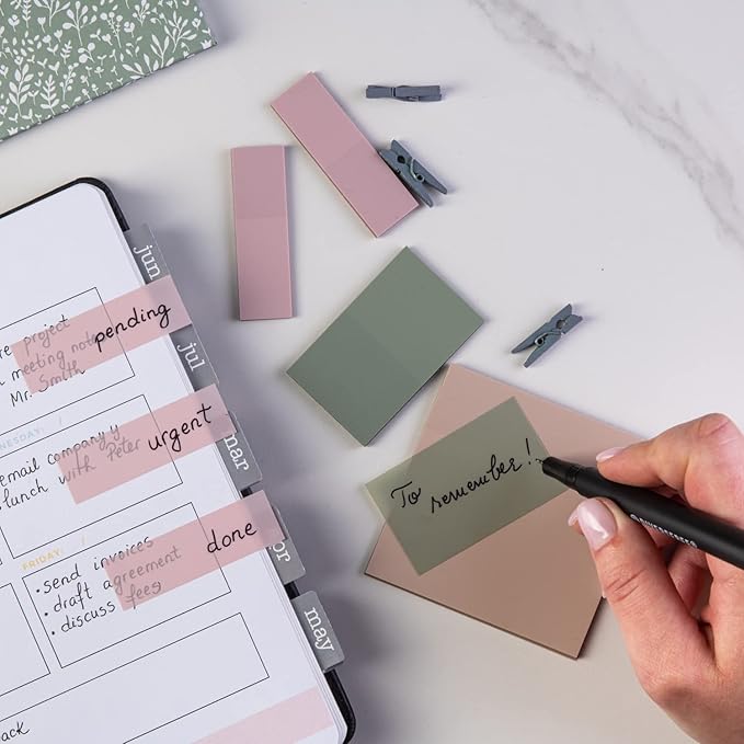 DiverseBee Transparent Sticky Notes (Includes Quick Dry Pen), Cute Clear Sticky Tabs, Translucent Page Flags Book Markers Stickers, Planner Accessories Bible Journaling Study Office Supplies (Pastel)