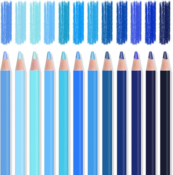 Mifuner 12Pcs Blue Colored Pencils Set, Oil Based Drawing Pencils, Pre-sharpened Wooden Professional Sketch Pencil Art Supplies for Adults, Coloring Books, No Duplicates