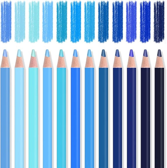 Mifuner 12Pcs Blue Colored Pencils Set, Oil Based Drawing Pencils, Pre-sharpened Wooden Professional Sketch Pencil Art Supplies for Adults, Coloring Books, No Duplicates