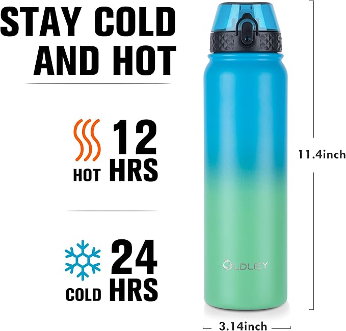 Oldley Insulated Water Bottle 32oz Water Bottles with Straw, Stainless Steel Water Bottle with 3 Lids, Double Wall Vacuum Bottles for Adult,Sports Bottles for School Travel,Tropical Rainforest