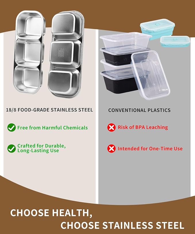 JUJOJB 1 Pack Stainless Steel Snack Containers, Bento Box With Lids,Leak Proof Metal Lunch Box with 3 Compartments,Reusable Lunch Meal Prep Containers for ffice,Work,Travel For Adults Little One