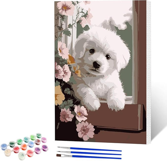 NAIMOER Dog Flowers Paint by Numbers Kits for Adults Beginner with Wooden Framed, Color by Numbers on Canvas Painting Kits for Adults, Easy Paint DIY Acrylic for Home Wall Decor 8X12 Inch