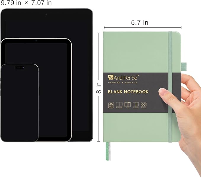 &And Per Se Blank Sketch Notebook, A5 Hardcover, 160 Pages 100gsm Thick Paper, Unlined Journal for Drawing, Doodling, Hand Lettering – Creative Gift for Artists, Designers, Writers (Light Green)