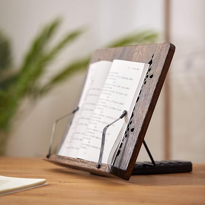 Book Stand with Page Clips, Foldable Reading Rest Holder, Portable Desk Bookrest, Cookbook/Tablet PC/Music Document Stand, Adjustable Wood Reading Frame (Chinese Knot, 11.8 x 8.7 inches)