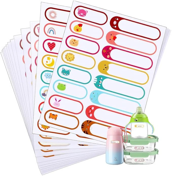 480 Pcs Baby Bottle Labels - Waterproof Name Labels, Self-Laminating for Kids Stuff - Animal & Weather Themed Daycare Essentials