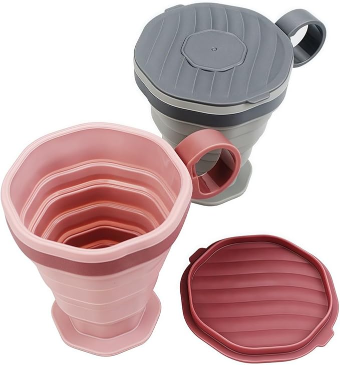 Foldable Silicone Water Cup with Leak-Proof Lid for Hot or Cold Drinks, Portable Coffee and Tea Mug for Hiking, Camping, Travel Outdoors, Easy to Clean and Pocket Size(Pink)