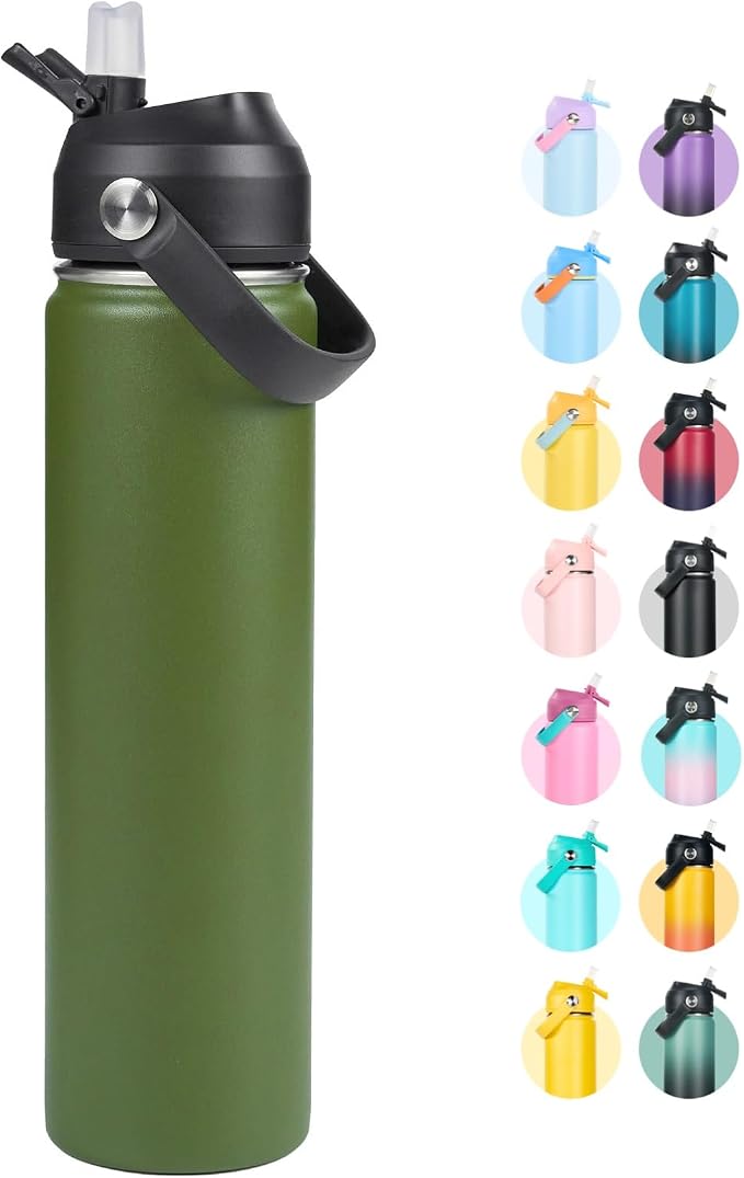 Fijinhom 24oz Insulated Stainless Steel Water Bottle, Wide Mouth Double Wall Vacuum, Silicone Straw, Sweat & Leak Proof, BPA Free Insulated Water Flask for Travel, Keep Cold 24h Hot 12h, Green