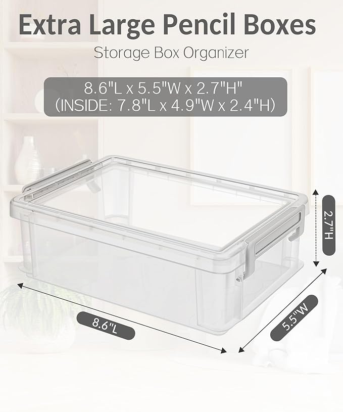 Sooez 6 Pack Extra Large Pencil Box, Plastic Pencil Case Crayon Box Bulk, Clear Marker Organizer Plastic Containers with Lid, Stackable Storage Boxes for Craft, Pen, Art, School Supply, Blue