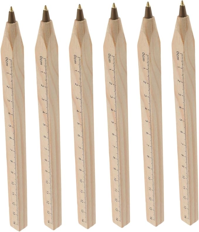 INOOMP 6pcs Black Ballpoint Pens Wooden Ruler Signature Pens Natural Biodegradable Solid Wood Ball Point Ink for Office and Daily Writing