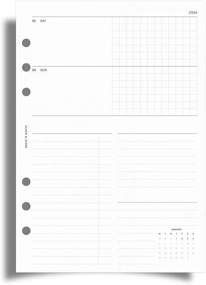 Cloth & Paper 2026 Dated Weekly Planner Inserts - Monday Start | A5 Size 5.8 x 8.3 Inches | Horizontal Weekly Layout, 215 | Minimal Agenda Refill | 6 Ring A5 Binder Planner Inserts