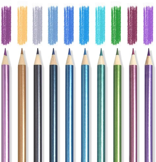 Mifuner 10Pcs Metallic Colored Pencils Set, Oil Based Drawing Pencils, Pre-sharpened Wooden Professional Sketch Pencil Art Supplies for Adults, Coloring Books, No Duplicates