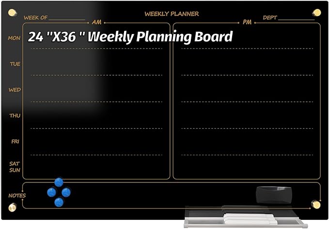 Glass Whiteboard 24"X36" Weekly Calendar Blackboard Magnetic Planner WritingBoard Dry Erase Board Frameless White Board for Office School Home Tray, 3 Marker,4 Magnets and 1 Eraser