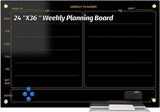 Glass Whiteboard 24"X36" Weekly Calendar Blackboard Magnetic Planner WritingBoard Dry Erase Board Frameless White Board for Office School Home Tray, 3 Marker,4 Magnets and 1 Eraser