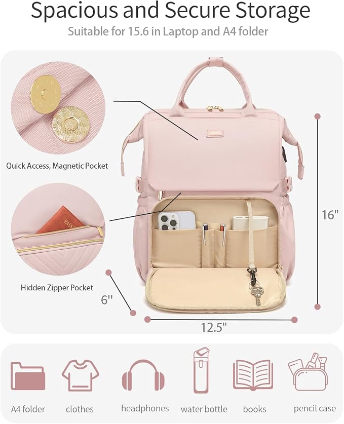 Large Bookbag for Women Laptop Backpack, Teacher Nurse Work Computer Bags with Cup Holder & USB Charger for Travel, School Bag College Back Pack for Girls, Pink