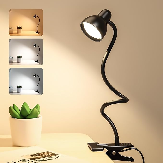 Clip on Light Reading Light for Bed 3 Color Modes 10 Dimmable Brightness Eye Care Clamp Desk Lamp 360° Flexible Desk Book Light for Reading Bed Headboard Computer Black
