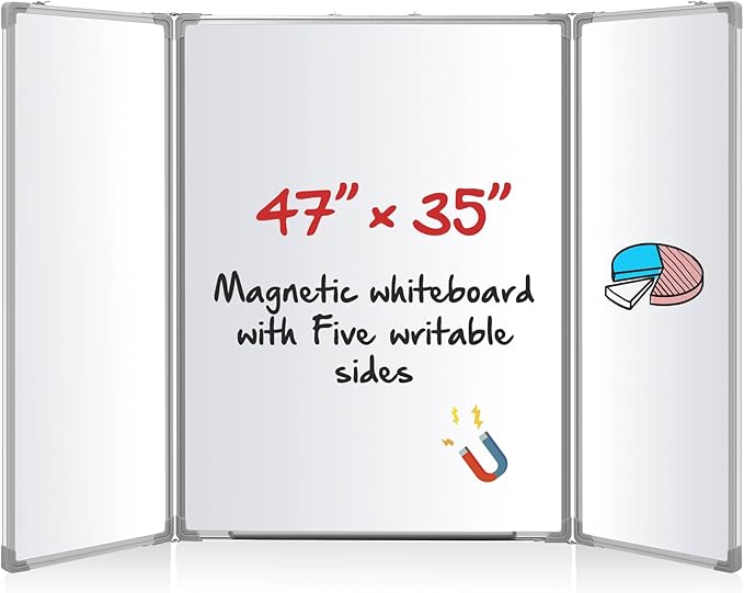 AmazingSpark 48” x 36” Foldable Whiteboard Dry Erase Board Large Tri Folding Whiteboard Magnetic Dry Erase Board, Wall Aluminium Frame and Pen Tray for Office, Home