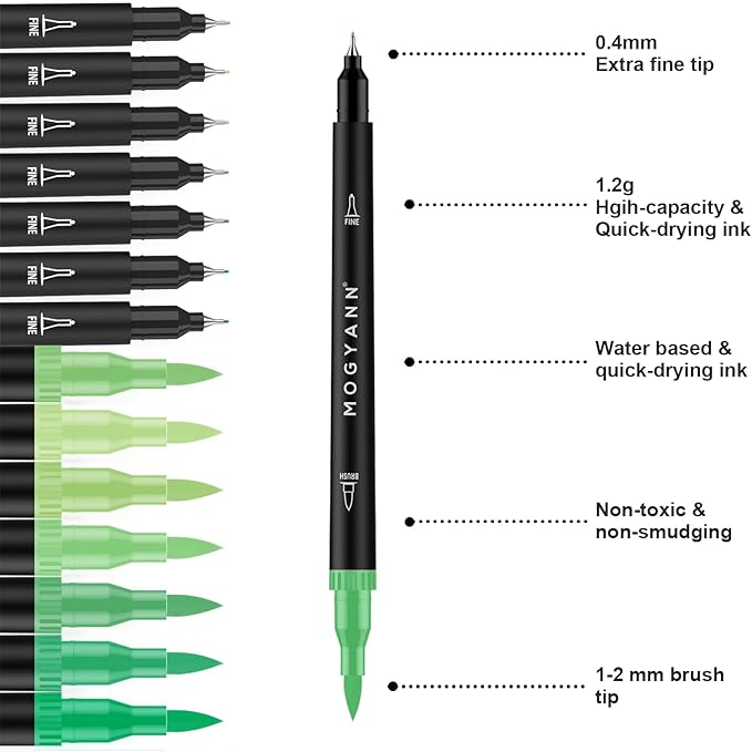 Green Markers, 12 Pack Dual Brush Pens Drawing Markers for Art Sketching