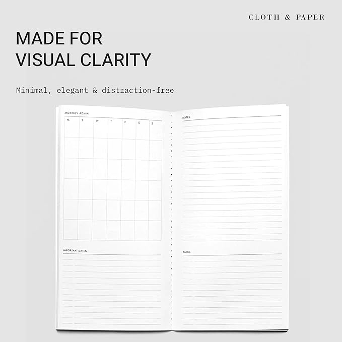 Cloth & Paper Travel Notebook | Monthly Admin – Lagoon | A5 Slim Monthly Planner Notebook 4.3" x 8.3" | Calendar Planner featuring Monthly Layout for Tasks, Notes & Important Dates – Soft Touch Cover