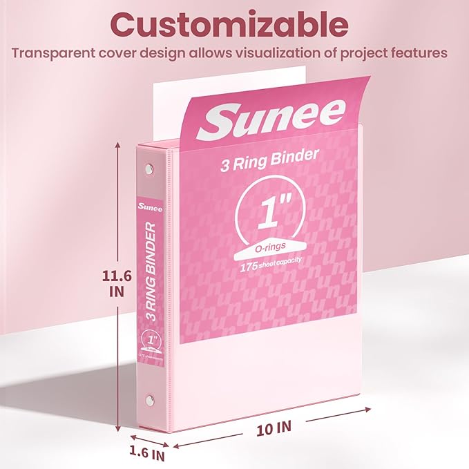 SUNEE 3 Ring Binder 1 Inch 2 Pack, Clear View Binder Three Ring PVC-Free (Fit 8.5x11 Inches) for School or Office Supplies, Pink & Purple