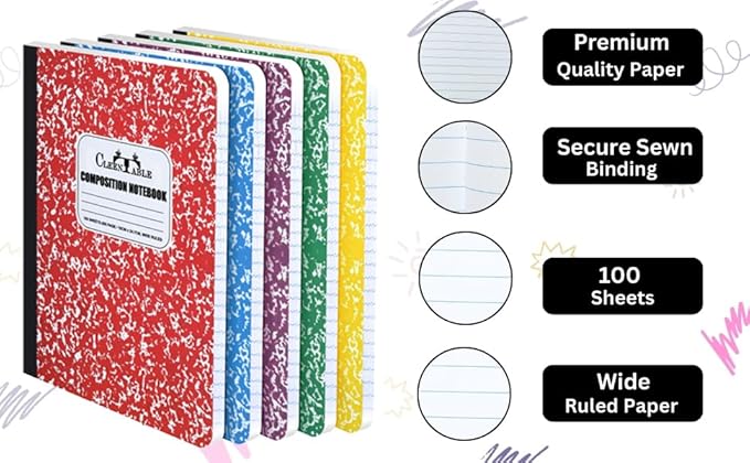 CLEENTABLE Composition Notebook 6 Pack, Wide Ruled Paper, Marble Cover Notebooks for School, 9.75 x 7.5 Inches, 100 Sheets (200 Pages), Sewn Binding Comp Books, Multicolor