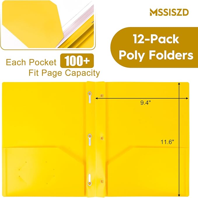 6-Pack Plastic Folders with Pockets and Prongs,2-Pocket Folders with 3 Fasteners, Holds 8-1/2" x 11" Paper for School/Office/Home, Yellow