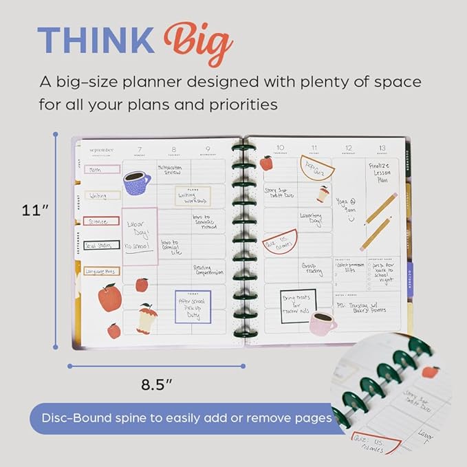 Happy Planner Disc-Bound 12-Month July 2026–June 2027 Academic Planner with 3 Extra Months, Big Size, 8.5" x 11", Teacher Layout, Sunday Sketches