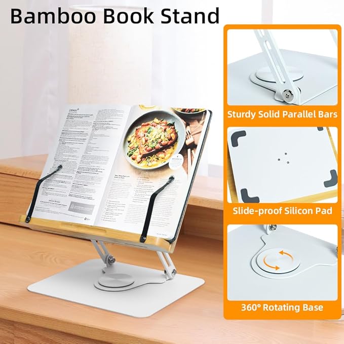 Wishacc 360 Degree Adjustable Book Stand, Reading Holder with Rotating Base (11.0 x 8.1 inches)