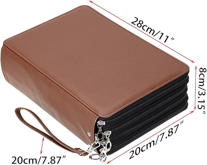 BTSKY 200 Slots Colored Pencil Organizer - Deluxe PU Leather Pencil Case Holder With Removal Handle Strap Pencil Box Large for Colored Pencils Watercolor Pencils Brown