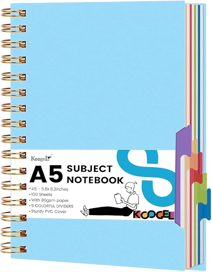 Koogel Spiral Notebook with Tabs, 5 Subject Spiral Notebook College Ruled with Removable Dividers, 200Pages Lined Journals for Women Journals Note Taking Work School Gifts, 5.8x8.3 Inch, Blue