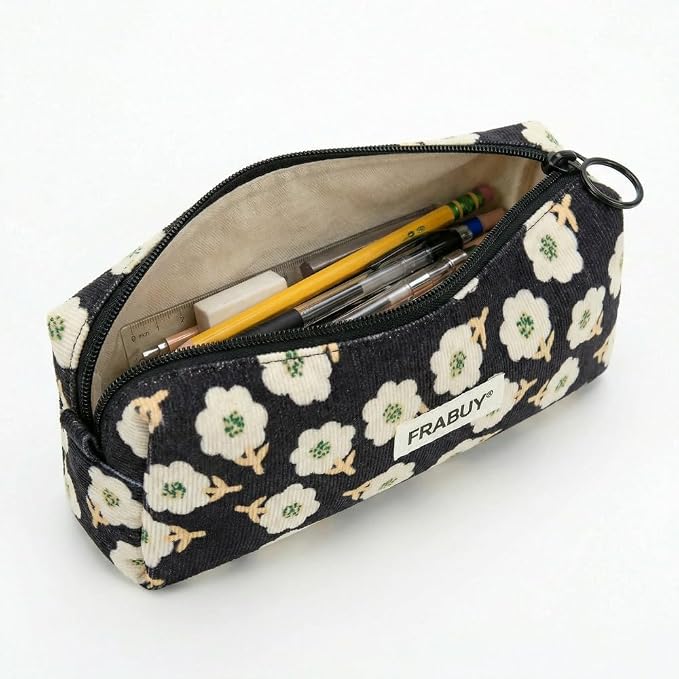 Soft Corduroy Pencil Case Pen Pouch Organizer, Small Stationery Bag | Cute black plum blossom pencil pouch, smooth zipper, daily cosmetics holder, compact organizer for school teen girls, women