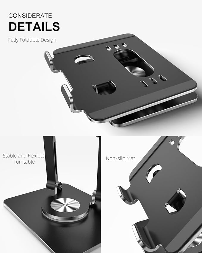 Orlian Tablet Stand Holder with Thickened 360°Rotating Base Dual Rod Adjustable Aluminum Stand for All 5.8-12.9” iPad Samsung Phone Tablet Kindle E-Reader and More, Black