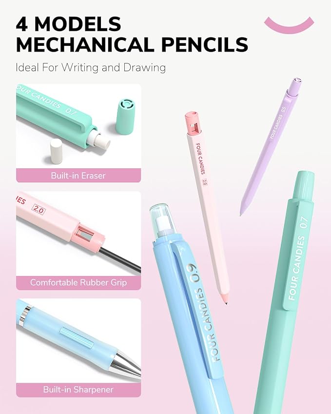Four Candies 36PCS Mechanical Pencil Set with 624 Lead Refills (Light Pink) | 0.5mm, 0.7mm, 0.9mm & 2.0mm Mechanical Pencils, Aesthetic School Supplies for Writing, Drawing, Drafting and Note-Taking