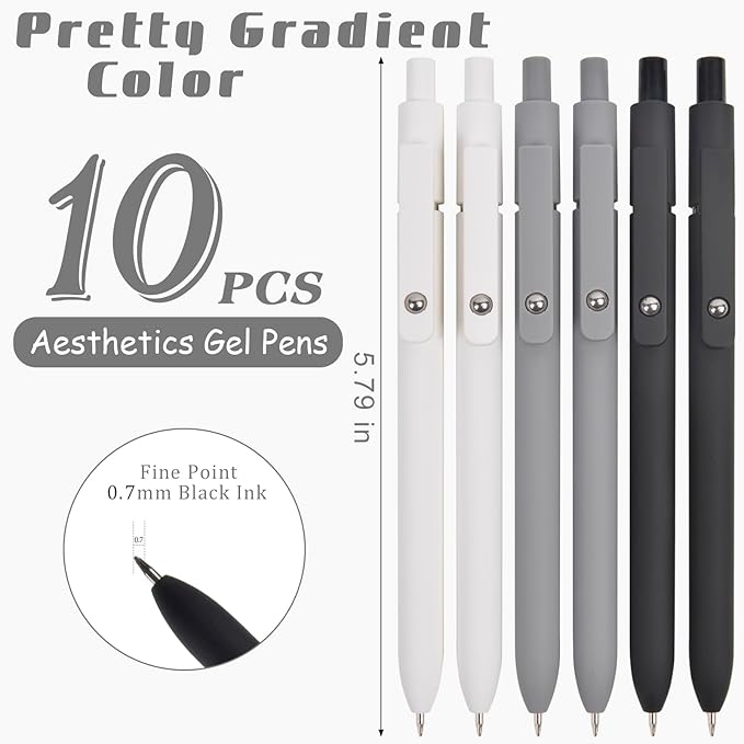 Gel Pens School Office Supplies - 6 Pcs 0.5mm Cute Ink Ballpoint with 10 Refills, Black White Fine Point Pen, Desk Accessories for Women College Teacher, Pastel Smooth Writing Pen for Journaling Gift