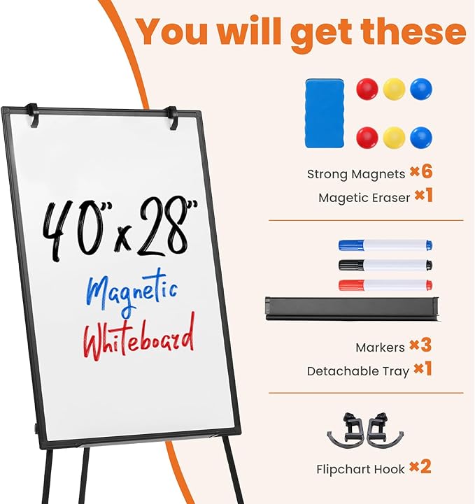 OLIXIS 40" x 28" Magnetic White Board with Stand, Standing Dry Erase Board, Whiteboard with 1 Dry Eraser & 2 Multicolor Markers & 4 Magnetic Pins, Aluminium Frame for Home, School, Office, Black