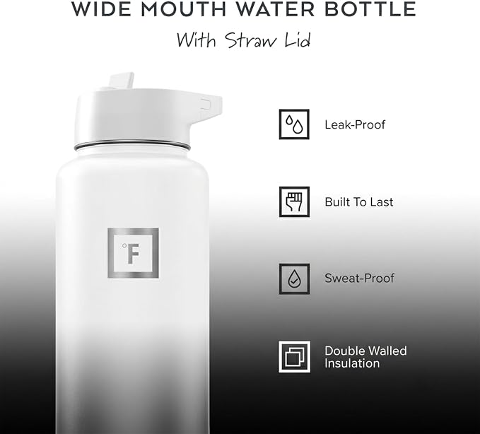 IRON °FLASK 40 oz Wide Mouth Water Bottle with Straw | Insulated Stainless Steel Sports Water Bottle with Leakproof Straw Lid - BPA Free, Cold 24 Hrs, Sweat Free (Day & Night)