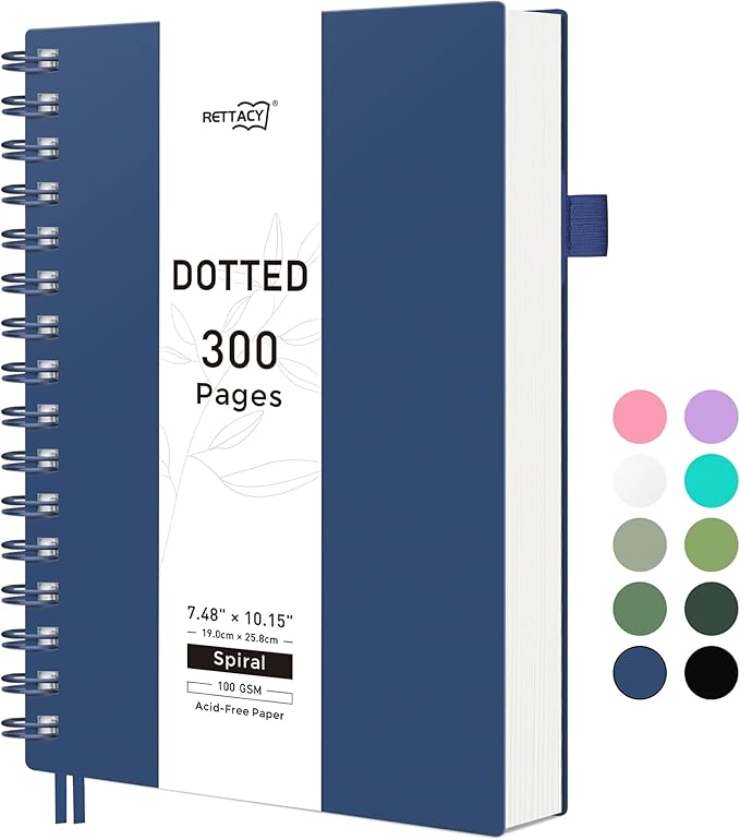 RETTACY Dotted Journal Notebook, 300 Pages, B5 Medium Size (7.4'' × 10''), 100 GSM Thick Paper, Flexible Plastic Cover, Spiral-bound, for Journaling, Planning, Tracking (Navy Blue)