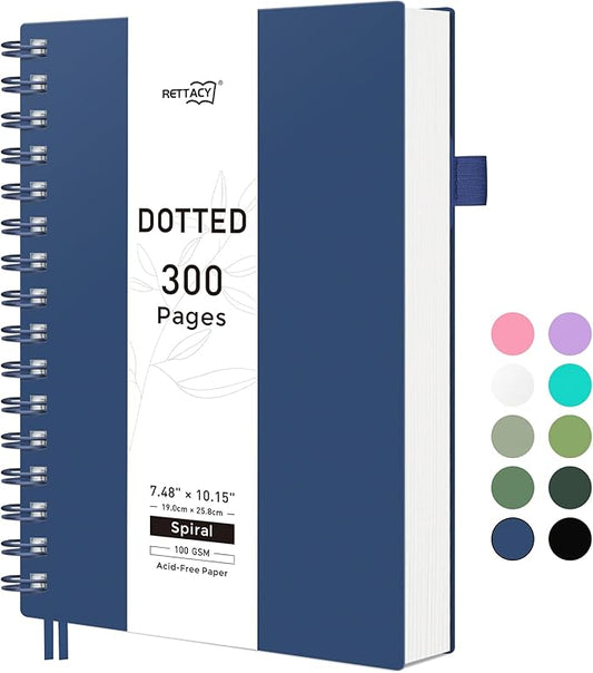 RETTACY Dotted Journal Notebook, 300 Pages, B5 Medium Size (7.4'' × 10''), 100 GSM Thick Paper, Flexible Plastic Cover, Spiral-bound, for Journaling, Planning, Tracking (Navy Blue)