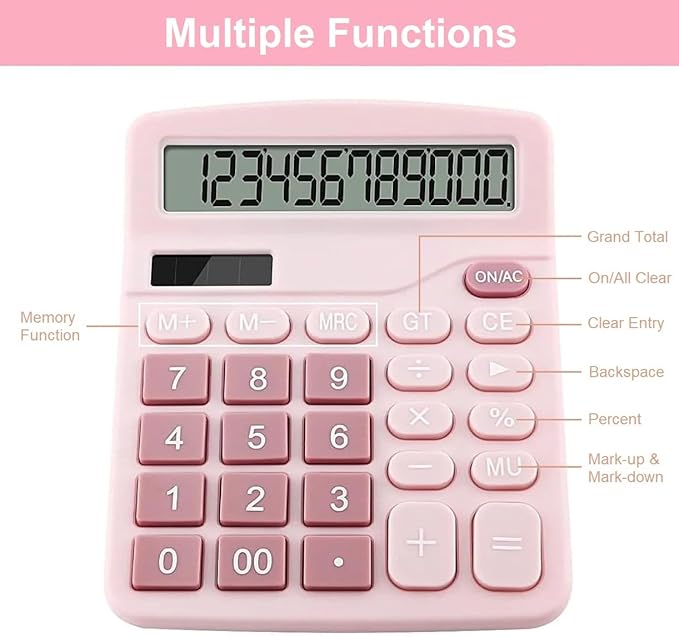 Cute Desktop Basic Calculator for Kids, Dual Solar and Battery Power, Simple 4 Functions and Basic Financial Calculations with Big Buttons and 12 Digit Large Display for Office, Home, School