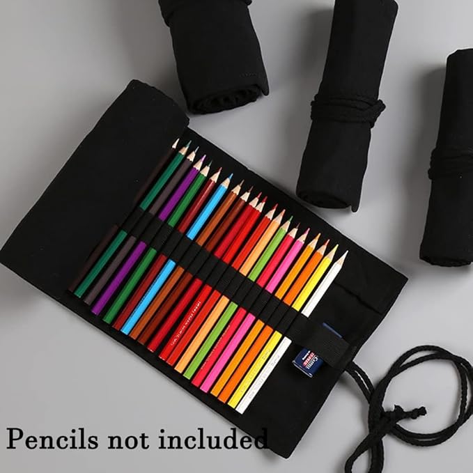 DIYOMR 24/36/72 Slots Pencil Wrap Pencil Rolls, Artist Colored Pencils Roll Up Bag Short Brushes Pouch Case Pencils Organizer for Drawing Coloring and Sketching (Black, 36slots)